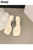 New Genuine Leather Retro Square Toe Pinch Sandals Fashion High Heel Slippers