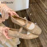 Crystal Pearl Flat Shoes Woman Square Toe Office Lady Luxury Shoes Big Size Mary Janes Shoes 2024 New Spring Single