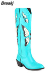 Big Size 34-43 Women Knee High Boots Cowboy Autumn Thick High Heels Pointed Toe Retro Butterfly Long Boots Shoes