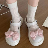 Cute Bowknot Platform Mary Janes Women Round Toe Pearl Ankle Strap Lolita Shoes Woman 2023 New Patent Leather Lovely