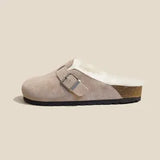 Fashion Winter Fur Slipper Leather Mule Clogs Slippers Long Plush Warm Indoor Soft Cork Buckle Slides Footwear for