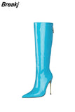 Toe Women's High Boots Sexy Metal Thin Heels Shoes Rose Red Shiny Leather Back Zipper Women's Winter High Boots