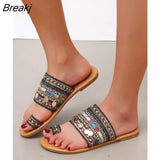 Women's Bohemian Sandals Summer Flats Female Casual Peep Toe Shoes Slip on Rhinestone Strappy Sandalias for