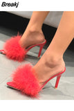 Woman Feather High Heels Fur PVC Slippers Sandals Women Peep Toe Mules Lady Pumps Slides White Pink Black Plus Size