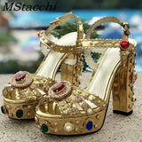 Luxury Brand Women Platform Sandals Crystal Embroidery High Heel Sandalia Feminina Buckle Strap Rhinestone Wedding