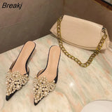 Fashion Sexy Women Shoes Elegant String Bead Crystal Patchwork Slip-On Thin Heels Slipper NEW