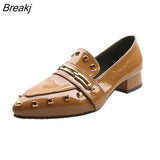 shoe female autumn new style lady pointed thick heel rivet women's shoes British style patent leather small