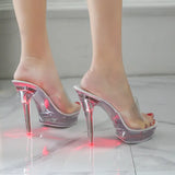 Sexy Ultra-heeled Sandals Ladies Stilettos Light Up Platform Sandals Transparent Crystal Shoes LED Glowing Shoes