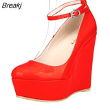 Women Sexy Shoes High Heels Platform Pumps Slipsole Wedges Buckle Strap Round Toe Stilettos Wedding