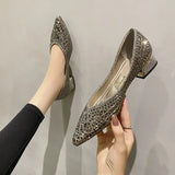 Women's Pumps 2024 New Crystal Pointed Toe Low Heeled Party Bride Wedding Shoes Fashion Loafers Elegant Ladies Dress High