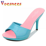 Brand Summer Slippers Women Mixed Colors PU Fine Heel 9cm Outside Sandal Platform Sexy Slipper Women Shoes Slides