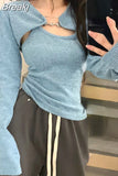 Color Suit Slim Casual Short Vest + Long Sleeve Crop Tops Korean Fashion Knitted Clothing 2 Piece Set Woman 2023