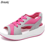 Sandals 2023 New Ladies Platform Sandals Wedge Lace-Up Comfortable Women Sandals Open Toe Mesh Casual Summer