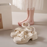 Summer New Open Toe Pearl Button Strap Thick Sole Waterproof Platform Sandals for Women Thick Sole Shoes for