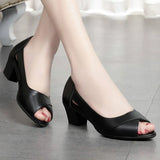 Leather Comfortable Ladies Mid Heel Sandals Women Shoes Hollow Peep Toe Square Heel Sandals Woman