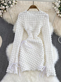 Women Pink Dress 2023 New Autumn Fashion O-neck Long Sleeve Holes Drawstring Lace-up Slim Stretch Mini Party