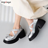 High Heels Platform Pumps Women 2023 Autumn Bowtie Crossed Straps Mary Jane Shoes Woman Pu Leather Thick Heeled Jk