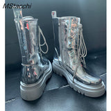 Women Silver Short Boots Belt Buckle Rhinestone Cross Strap Women's Mid Calf Boots Platform Motorcycle Martin Boots Trend