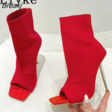 2023 New Sexy Cut-Out Thin High Heels Red Green Knitted Stretch Fabric Ankle Socks Boots Women Party Dance Shoes