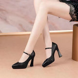 Spring Autumn Season New Fashionable Pointed Solid Leather Surface Light Mouth Flat Buckle High Heel Women's Single
