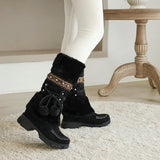 Style Women Boots Suede Leather Cotton Shoes for Women Plush Warm Snow Boots Retro Square Toe Thick Heel Mid-Calf