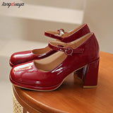 High Heels Shoes Female 2024 Sexy Ankle Straps Black Red Heeled Mary Jane Shoes Thick-Heeled Party Dress