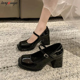 Thick High Heels Mary Jane Shoes Women 2023 Patent Leather Brown Shoes Woman Round Toe Chunky Heels Pumps