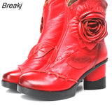 Women Genuine Leather Boots 2022 Fashion Handmade Retro Boots High Heels Ankle Boots Female Cowhide Floral