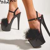 Sexy 17cm Red High Heels Platform Pole Dance Stripper Shoes Women Fashion Fur Fuzzy Peep Toe Buckle Strap Wedding
