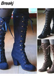 Black Boots Women Shoes Knee High Women Casual Vintage Retro Mid-Calf Boots Lace Up Thick Heels
