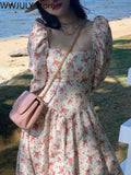 Floral Dress Slim Long Sleeve Elegant Dress Woman Vintage Beach Evening Party Dress Korean Fashion 2023 Spring Casual