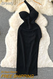 Sexy Women Black Party Dress New Summer One Shoulder Sleeveless Chest Padded High Waist Side Split Club Bodycon