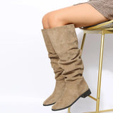 Pleated Boots Women Black Nude Faux Suede Flock Knee High Boot Ladies Flat Autumn Winter Dress Shoe 43 Solid Slip on