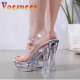 Women Sandals Female Model T Station Catwalk Sexy Crystal Transparent Women Shoes 14CM High Heels Waterproof Square Heel