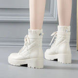 Style Little Martin Boots, Leather, Thick Soles, Fluffy Rice, White Ties, Flat-Soled Chelsea