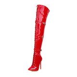 Women Sexy Cross Tied Thigh High Boots Pointed Toe Thin High Heels Over The Knee Boots Patent Leather Shoes Woman
