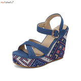 Wedges Sandals Women Platform Shoes 2023 Summer Big Size 46 47 48 Boho Denim Beach Floral Walk Dress High