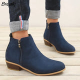 Spring Women Ankle Boots Square Mid Heel Zip Shoes Woman Pointed Toe Shoes Female Classic Blue Autumn Boots Plus