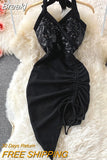 Women Dress Sexy Lace-up Halter Sleeveless Sequins Party Dress High Waist Drawstring Ruched Irregular Backless Club