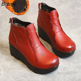 Wedge Booties Woman 2022 Genuine Leather Soft Plush Ankle Boots for Ladies Fashion Zip Winter Shoes Platform Female
