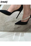 Fashion Brand Crystal Embellished High Heels Shoes Women Pointed Toe Dress Rhinestone Wedding Party Pumps Black Suede