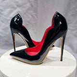 Women Sexy Patent Extremely High Heel Shoes Pointy Toe Curl Cut Ladies Designer Stiletto Pumps Pink Black
