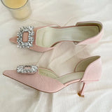 Toe Women Pumps 2023 New Arrivals Crystal Buckle Slip On Thin High Heels Black White Pink Dress Shoes Woman Size