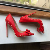 Red Matte Women Pointy Toe High Heel Shoes with Bow Sexy Spikes Rivets Stiletto Pumps 8cm 10cm 12cm Colors
