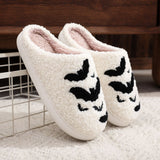 Bat Embroidered Cotton Slippers Ghost Indoor Home Shoes for Women Plus Size Warm Plush Slippers Soft Flat Shoes