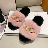 Fur Slippers 2024 New Fashion Chain Design Women Home Slippers Winter Indoor Open Toe Flat Non-slip Leisure Female