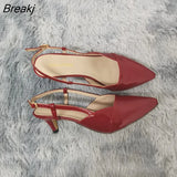 Women Sandal Pointed Toes High Heels Sexy 5cm Low Heels Casual Back Empty Buckle Pumps Red Wedding Shoes Large