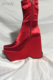 2023 Autumn Women Platform Wedges Boots For Women Zipper Square Head Ankle Boots Ladies Chunky Heels Short Botas