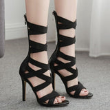 Fashion Fluorescent Green Stretch Fabric Zipper Women Sandals Peep Toe High Heels Hollow Out Ankle Boots