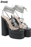 Chunky High Heels Women Sandals 2023 Hot Fashion European Style Sexy Rhinestone Sandals Strappy Women Shoes Party
